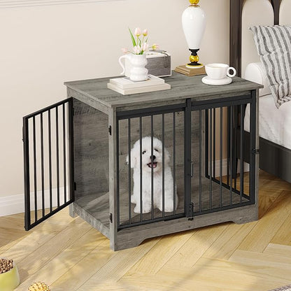 Dog Crate Furniture, 32" Double Door Dog Crate with Barn Door, Dog Kennel Indoor, End Side Table Wooden Dog Crates for Small Medium Large Dogs, Anti-Chew Anti-Escape, Greige DFC83605B