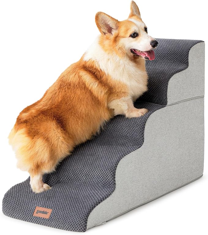 Dog Stairs for High Beds - Pet Stairs for Couch, 35D Foam Dog Steps for Small to Large Dogs with Non-Slip Bottom Dog Ramp Grey, 5 Steps, 2-in-1 Connected by Zipper