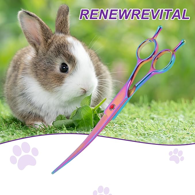 Dog Grooming Scissors, with Ergonomic Handle, Pill Popper for Cats, Upper Bend Shears, Stainless Steel Curved Shears for Dogs, Assorted Color, 7.5"