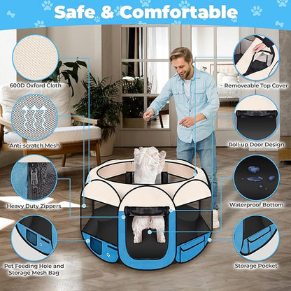 36" Foldable Pet Playpen for Medium/Small Dogs, HOMAGICO Pet Playpen for Indoor Cats Enclosed,Portable Dog Playpen Outdoor Tent Crate with Carrying Case,Water-Resistant and Removable Shade Cover, Blue
