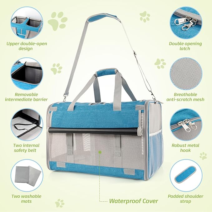 Sedioso Large Cat Carrier for 2 Cats, 21.7x 13.8x 13.8in Pet Carrier for Cat and Dog Up to 38lbs, All-Sided Mesh Cat Carrier with Great Ventilation, Portable Soft Sided Pet Carrier for Traveling(Blue)