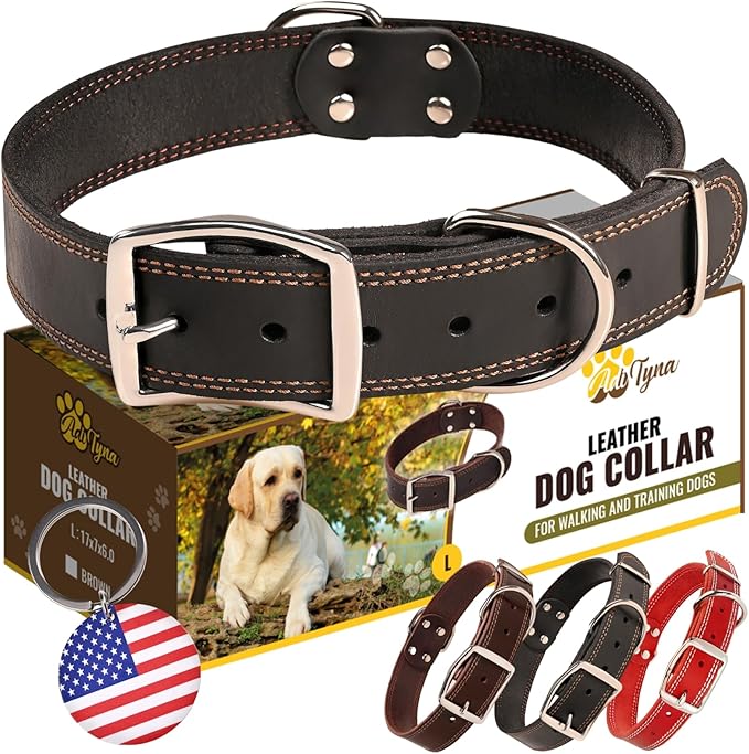 ADITYNA Heavy Duty Leather Dog Collar for Large Dogs - Soft and Strong Leather Dog Collar for Walking and Training (Large: Fit 17" - 23" Neck, Black)