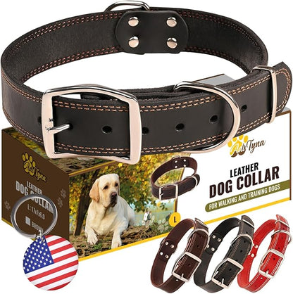 ADITYNA Heavy Duty Leather Dog Collar for Large Dogs - Soft and Strong Leather Dog Collar for Walking and Training (Large: Fit 17" - 23" Neck, Black)