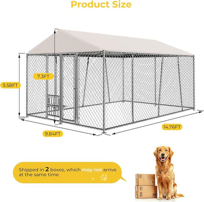 10 x 15FT Large Outdoor Dog Kennel with Bowls, Dog Kennel Outside with Waterproof Cover Roof, Galvanized Heavy Duty Chain Link Dog Runs Cage Playpen for Outside with Secure Lock