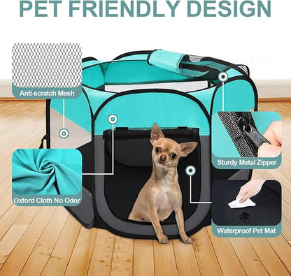 Pet Puppy Playpen for Cat Dog Indoor Outdoor, Foldable Portable Tent, Pop Up Dog Kitten Kennel Playpen with Carrying Case and Bowl,Green,Small
