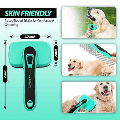 Dogs Self Cleaning Slicker Brush with Comb | Shedding & Grooming Tool | Gentle on Sensitive Skin | Removes Loose Fur, Undercoat, Mats | Suitable for Large, Medium, Small Breeds.