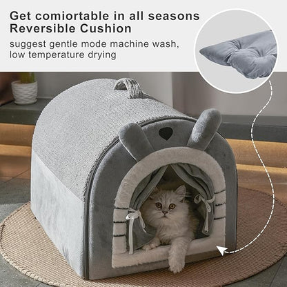 Jiupety Cat Houses for Indoor Cats, Cave Bed with Door Curtain Design, Cute Portable Beds with Reversible Washable Cushion, S Size Soft Kitty Hideaway Up to 6 lbs, Non-Slip Bottom, Grey
