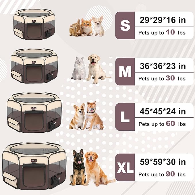 Aivituvin Dog Playpen, Foldable Pet Play Pens with Carrying Bag for Cat, Puppies, Rabbits, Portable Dog Tent Crates Cage for Travel Camping Indoor Outdoor, Removable Shade Cover, Brown S