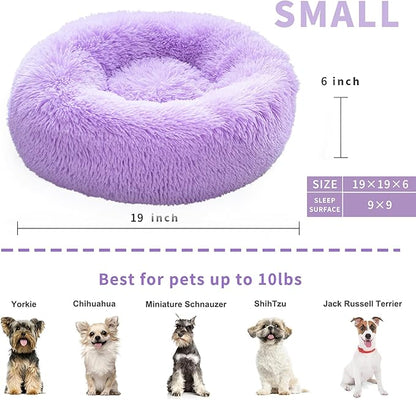 Purple Dog Bed for Small Dogs 19 Inch Donut Cuddler Plush Cat Calming Bed with Machine Washable, Non-Slip Fluffy Dog & Cat Calming Cushion Bed for Joint-Relief and Sleep Improvement