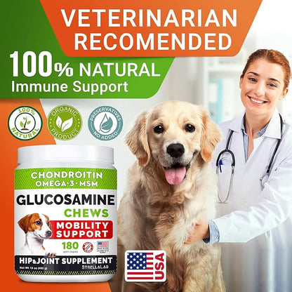 Glucosamine Treats for Dogs - Hip & Joint Supplement w/Omega-3 Fish Oil - Chondroitin, MSM - Advanced Mobility Chews - Joint Pain Relief - Hip & Joint Care - Bacon Flavor - 180 Ct - Made in USA