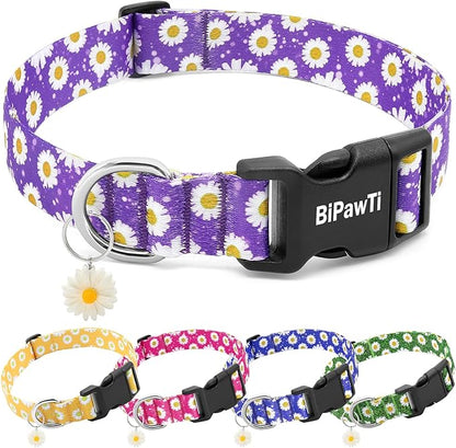 BiPawTi Floral Dog Collars for Large Dog - Soft Cute Dog Collars for Girls Dog Pretty Flower Collar with Daisies Charms, Gift for Female Male Boys Girls Dogs (XL, Purple)