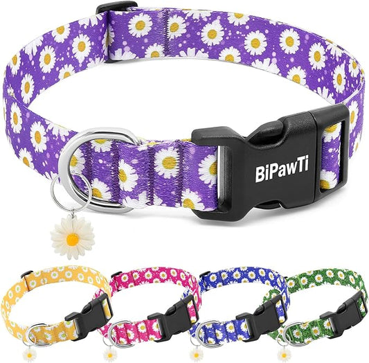 BiPawTi Floral Dog Collars for Large Dog - Soft Cute Dog Collars for Girls Dog Pretty Flower Collar with Daisies Charms, Gift for Female Male Boys Girls Dogs (XL, Purple)