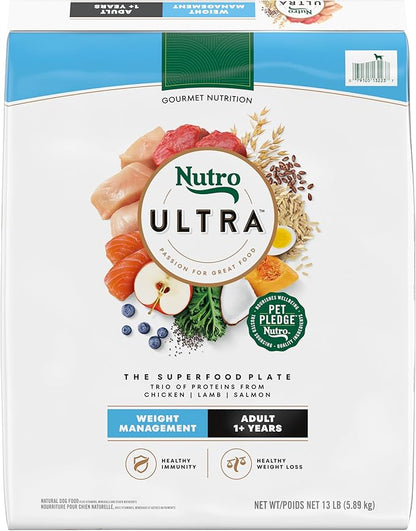 Nutro Ultra Adult Weight Management Dry Dog Food, Chicken, Lamb and Salmon Protein Trio, 13 lb Bag