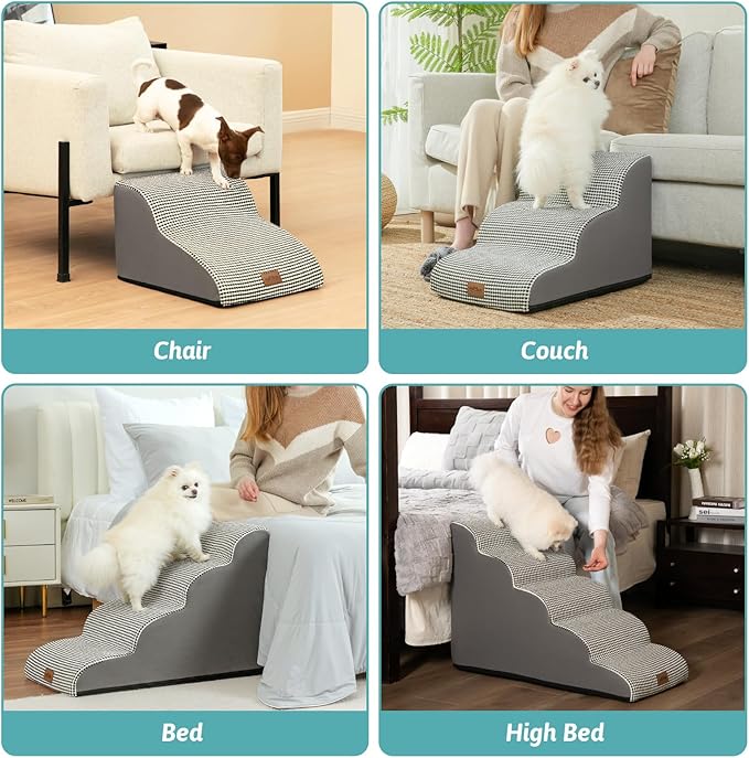 Dog Stairs for Small Dogs 19.7" H, Pet Step with Leakproof Cover, High Density Foam Cat Ramp for Bed, Couch or Sofa, Lightweight, Durable, Comfort, 15.7x28.3x19.7 inch, 4 Tiers, White Black