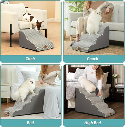 Dog Stairs for High Bed 22.6" H, Small Pet Steps with Leakproof Cover, High Density Foam Cat Ramp for Bed, Car or Couch, Lightweight, Durable, Comfort, 15.7x33x22.6 in, 5 Tiers, White Black