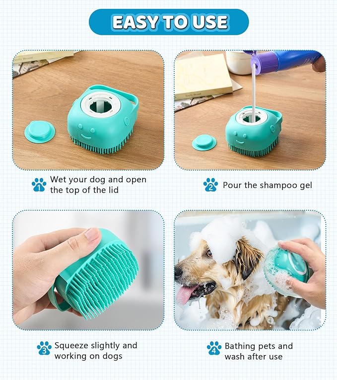 Dog Massage & Bath Brush 4PCS  Soft Silicone Shampoo Scrubber for Dogs and Cats, Perfect for Grooming and Deshedding (Blue)