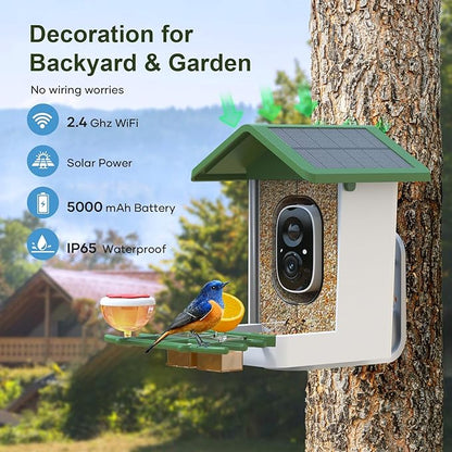 Smart Bird Feeder with Camera: Solar Powered Birdhouse with AI Recognition, Wireless Bird House with Camera for Outdoor, Unique Birthday Gifts for Mom Dad