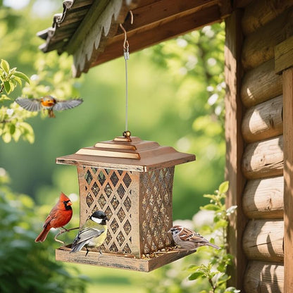 Outdoor Bird Feeder, Heavy Duty Retro Lamp Style Bird Feeders for Outside Hanging, Double Metal Mesh Birdfeeder with Lid Fixing Buckle, 3Lbs Capacity - Bronze