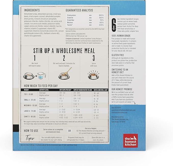 The Honest Kitchen Dehydrated Limited Ingredient Turkey Dog Food, 4 lb Box