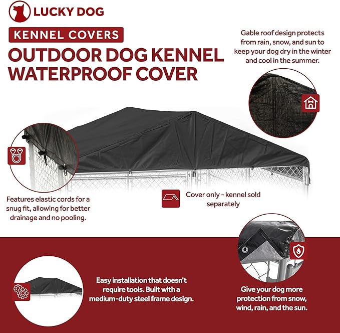 10 by 10 Feet Black Extra Large All Season Outdoor Waterproof Fully Enclosed Dog Run Kennel Cover with Sturdy Elastic Cords