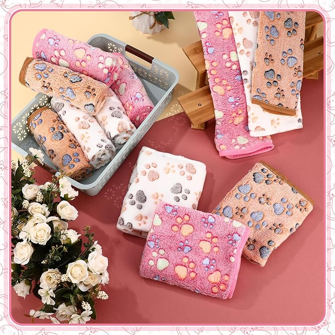 Tegeme 12 Pieces Pet Blanket Soft Fleece Dog Fluffy Doggie Warm Felt Throw Spring Paw Print Puppy Kitten Sleep Mat Bed Covers for Cat (23 x 16 Inch,Pink,Beige,Camel)