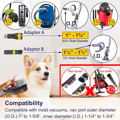 Dog Hair Vacuum Attachment for Most Vacuums, Pet Shedding Grooming Brush Tool with Long Extension Hose and Universal Vac Hose Adapters (Universal)