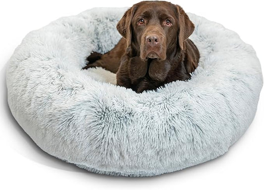 Best Friends by Sheri Original Calming Donut Dog and Cat Bed, Shag Faux Fur, Frost Gray, (36in x 36in) - Anxiety Relief for Pets Up to 100 lbs