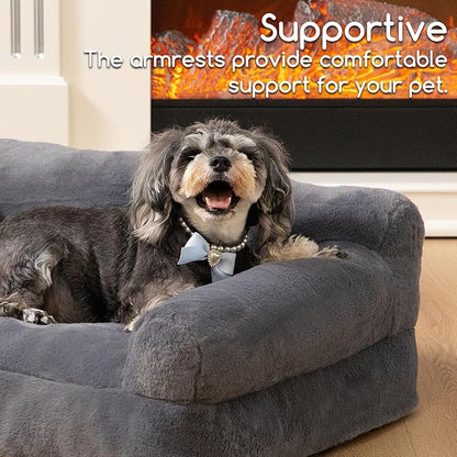 Hollypet Fluffy Plush Dog Cat Pet Couch Soft Calming Sofa Bed for Medium Small Cats and Dogs, Gray, M
