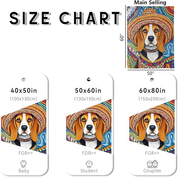 Colorful Dog Blanket, Cozy Flannel Pretty Beagle Throw Blanket for Couch Outdoor, Plush Soft Lightweight Travel Cute Puppy Blankets for Bed Decor and Gifts, for Women Adults Boys Kids 60"x80"