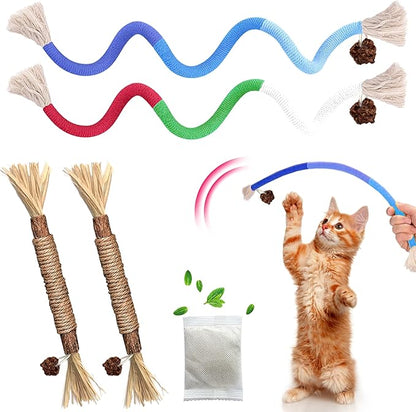 Cat Toys Chew Rope & Silvervine Sticks for Bored Indoor Adult Cats, 4Pcs Interactive Catnip Toys for Cats with Refillable Natural Catnip Bag for Teeth Cleaning