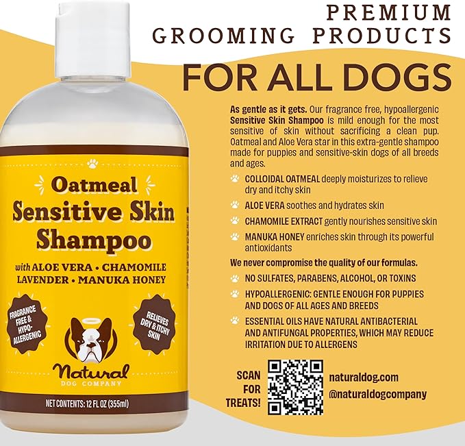 Natural Dog Company Oatmeal Shampoo for Dogs with Sensitive Skin, Ideal Anti Itch and Puppy Shampoo Oatmeal Itch Relief Dog Dandruff Shampoo, Aloe Itchy Skin Relief for Dogs 12 oz