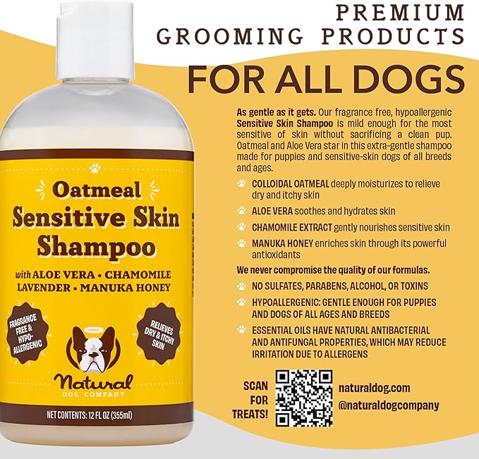 Natural Dog Company Oatmeal Shampoo for Dogs with Sensitive Skin, Ideal Anti Itch and Puppy Shampoo Oatmeal Itch Relief Dog Dandruff Shampoo, Aloe Itchy Skin Relief for Dogs 12 oz