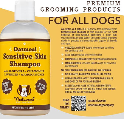 Natural Dog Company Oatmeal Shampoo for Dogs with Sensitive Skin, Ideal Anti Itch and Puppy Shampoo Oatmeal Itch Relief Dog Dandruff Shampoo, Aloe Itchy Skin Relief for Dogs 12 oz