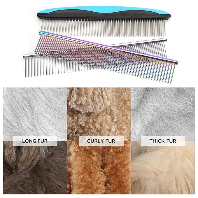 3 PCS Dog Combs for Grooming Matting, Pet Grooming Tools, 2 in 1 Dog Combs with Rounded Ends Stainless Steel Teeth, Cat Comb for Removing Tangles and Knots, Pet Comb, metal comb for dogs, 7.4IN/1.3IN