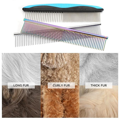 3 PCS Dog Combs for Grooming Matting, Pet Grooming Tools, 2 in 1 Dog Combs with Rounded Ends Stainless Steel Teeth, Cat Comb for Removing Tangles and Knots, Pet Comb, metal comb for dogs, 7.4IN/1.3IN