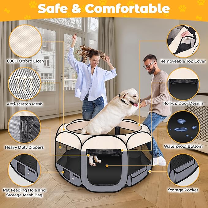 45" Foldable Pet Playpen for Large Dogs, HOMAGICO Pet Playpen for Indoor Cats Enclosed, Portable Dog Playpen Outdoor Tent Crate with Carrying Case, Water-Resistant and Removable Shade Cover, Grey