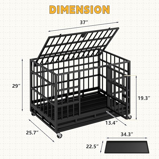 Greesum 38 INCH Heavy Duty Indestructible Dog Crate for Large Dog, Escape Proof Dog Cage Kennel, Extra Large Crate Indoor with High Anxiety Double Door, Lockable Wheels, Removable Tray