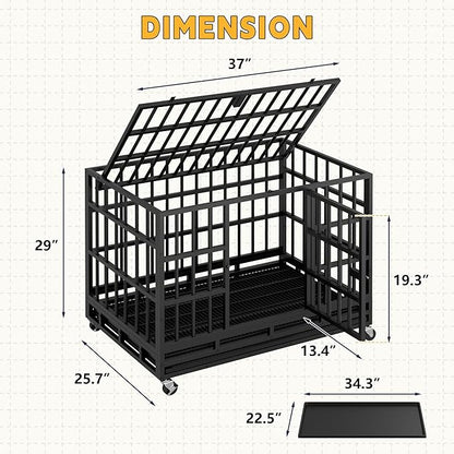 Greesum 38 INCH Heavy Duty Indestructible Dog Crate for Large Dog, Escape Proof Dog Cage Kennel, Extra Large Crate Indoor with High Anxiety Double Door, Lockable Wheels, Removable Tray