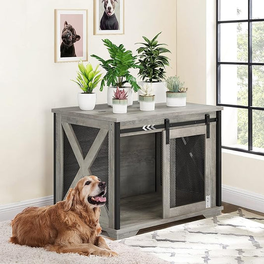 GAOMON Dog Crate Furniture with Slidings Doorsï¼_ooden Dog Kennel End Table with Flip-top Plate for Dogsï¼_ndoor Dog Crate Furniture with Detachable Divider for Medium Dogs, Dog House,Grey
