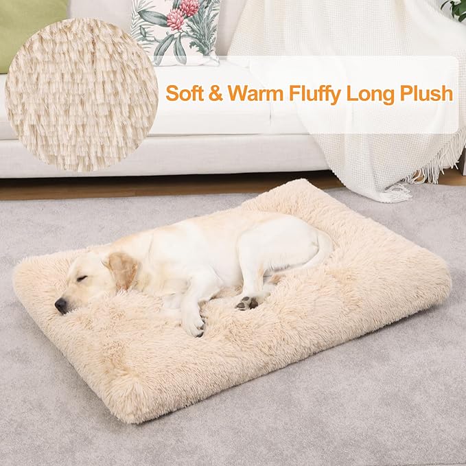 KSIIA Dog Crate Bed Washable Dog Beds for Large Dogs Deluxe Plush Fluffy Comfy Thick Kennel Pad Anti-Slip & Anti-Scratch Pet Sleeping Mat, 35 x 23 Inch, Camel