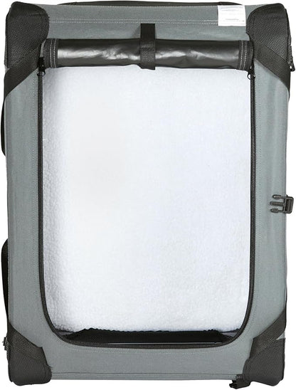 Amazon Basics 4-Doors Portable Soft-Sided Folding Travel Crate Kennel for cat, Dog, and Other Small Animals, Grey, S 26" x 18" x 18"