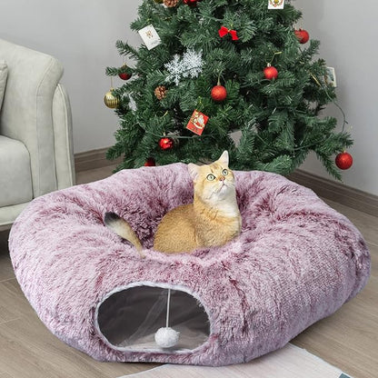 AUOON Cat Tunnel Bed for Indoor Cats - Circle Peekaboo Cat Cave with Washable Mat for Indoor Cats Kitten Kitty Puppy Rabbit Ferret (Rosiness)
