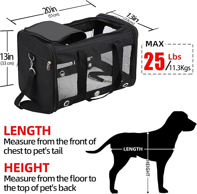 Soft Sided Cat/Dog Carrier，Collapsible Mesh Pets Travel Carriers for Pet/Puppy with Shoulder Strap & Removable Mat，Top Load Small Dogs/Cats Carry Bag Up to 25 Lbs（Black - L）