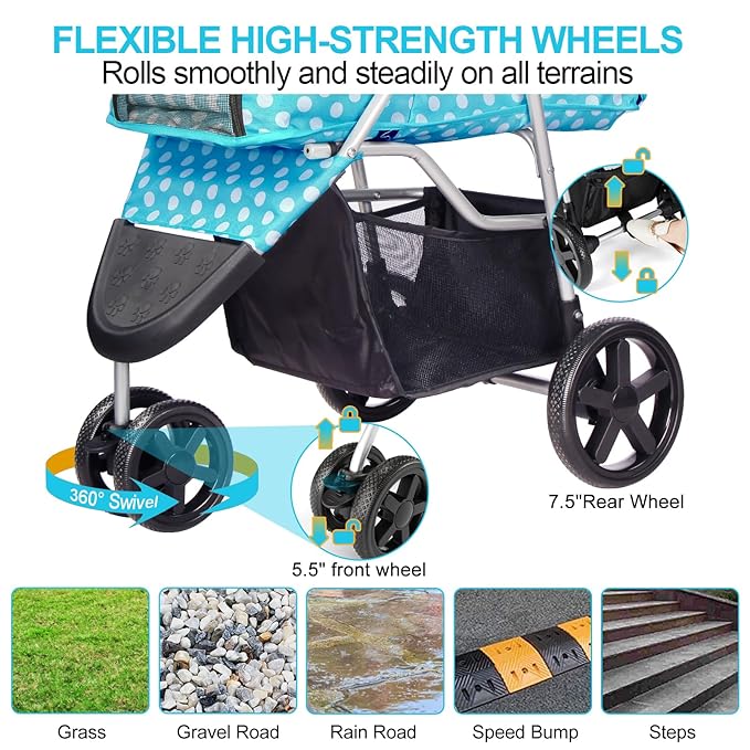 Dog Stroller for Small Dogs, Portable Pet Stroller for Cats Folding Puppy Stroller Lightweight Dog Cat Cage Jogger Stroller with Storage Basket and Cup Holder, 3 Wheels, Polka Blue