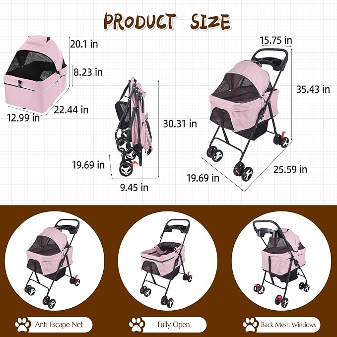 3 in 1 Dog Stroller, 4 Wheels Pet Stroller Dog Cat Stroller for Medium Small Dog Cats Up to 50lbs, Foldable Carrier Jogger Travel Puppy Stroller with Cup Holder & Breathable Mesh, Pink