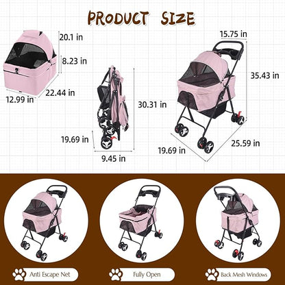 3 in 1 Dog Stroller, 4 Wheels Pet Stroller Dog Cat Stroller for Medium Small Dog Cats Up to 50lbs, Foldable Carrier Jogger Travel Puppy Stroller with Cup Holder & Breathable Mesh, Pink