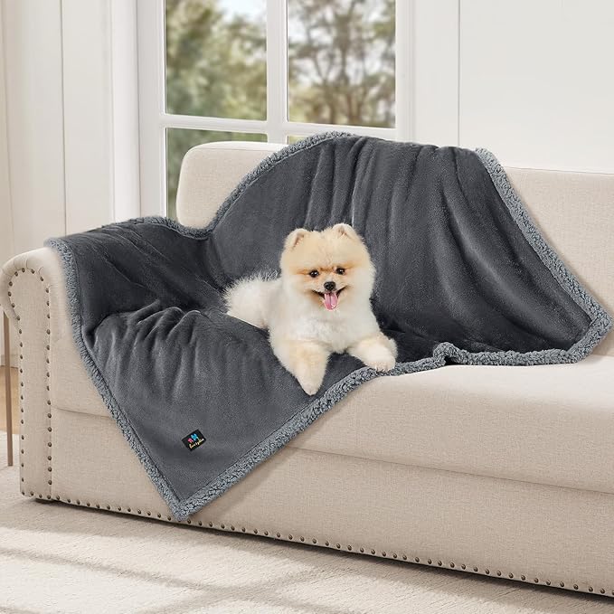 Luciphia Waterproof Bed Blanket Washable, Soft Sherpa Fleece Puppy Reversible Throw Blankets for Medium Large Dog Cat, Furniture Cover Protector Couch from Liquid Pee and Pet Fur, Light Grey,85" x 57"