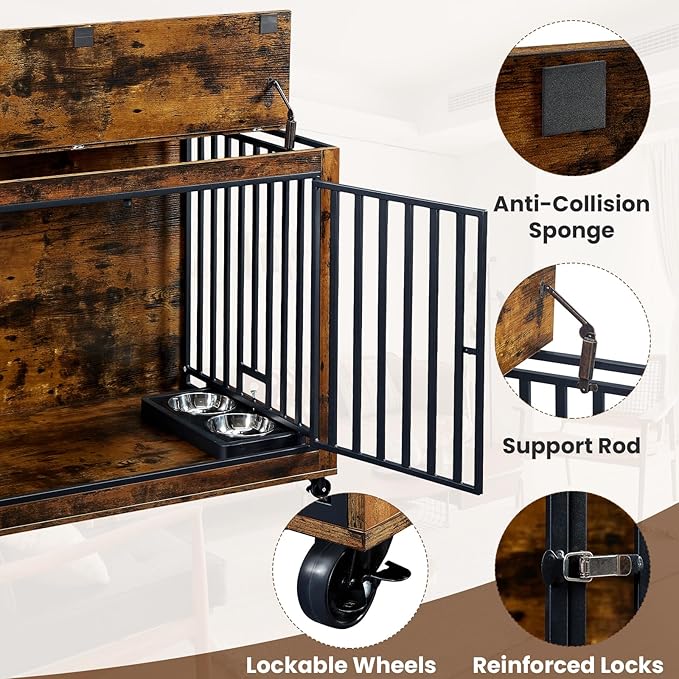 Rovibek Dog Crate Furniture for Large Dogs, 38.58 Inch, Large Dog Kennel Indoor with 2 Removable Dog Bowls, Flip-Up Top Opening and Wheels, Medium Dog Crate, Brown