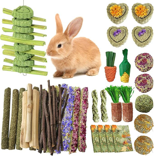 53pcs Rabbit Chew,Rabbit Enrichment Toys from Various Natural Ingredients Such as Apple Wood, Carrots, and Timothy Grass, Suitable for Small Pets Such as Hamsters Totor Guinea Pigs