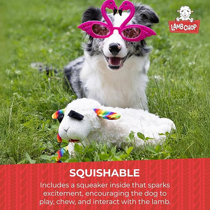 Multipet Lamb Chop Dog Plush Toy w/Birthday Hat - Squeaky Dog Toy for All Dogs - Soft Plush Dog Toy - Stuffed Animal Dog Toy for Playing - Cute Dog Birthday Toy (10.5, Pink Hat, 5 Squeakers)